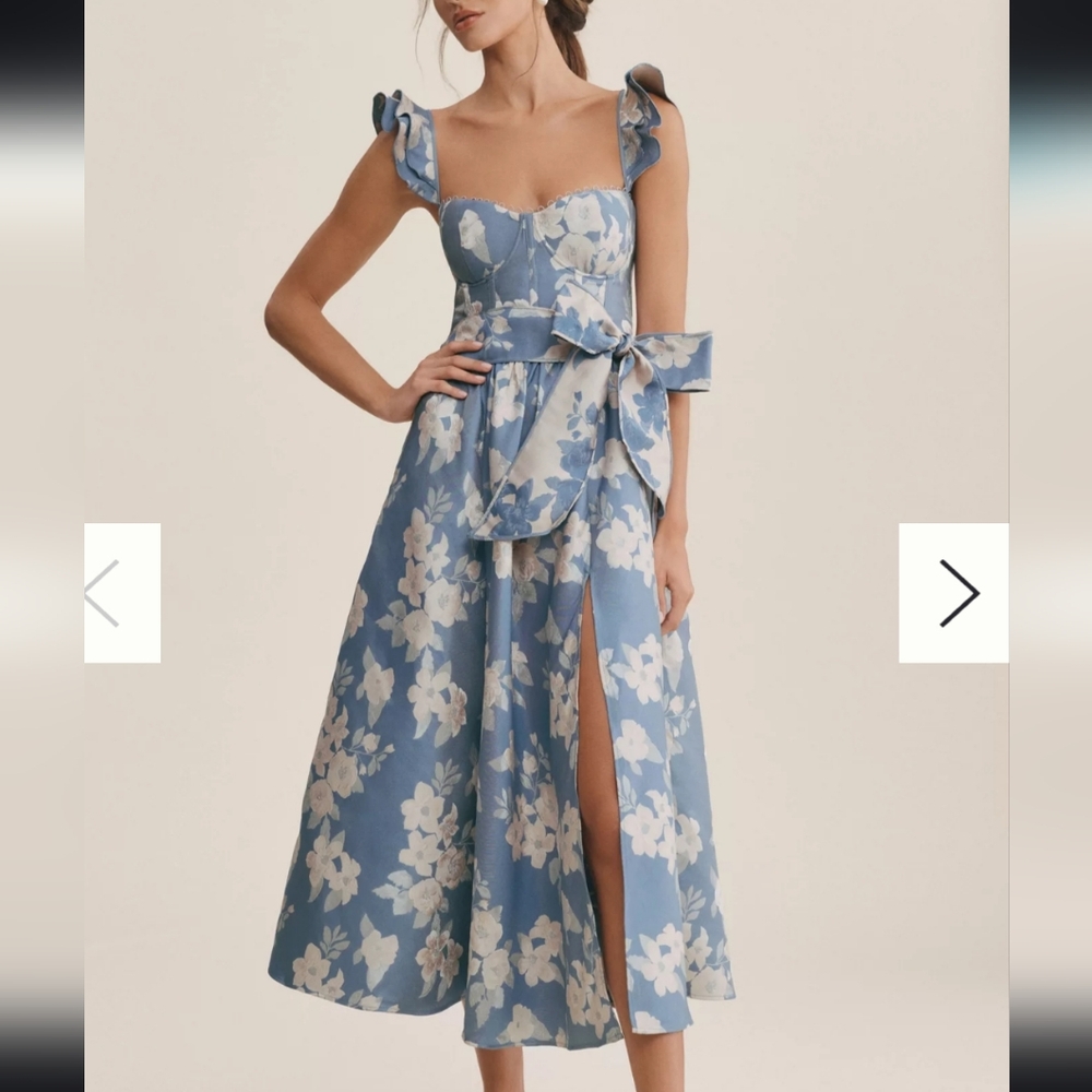 V. Chapman Vera Ruffle-Strap Corset Side-Slit Midi Dress size 8